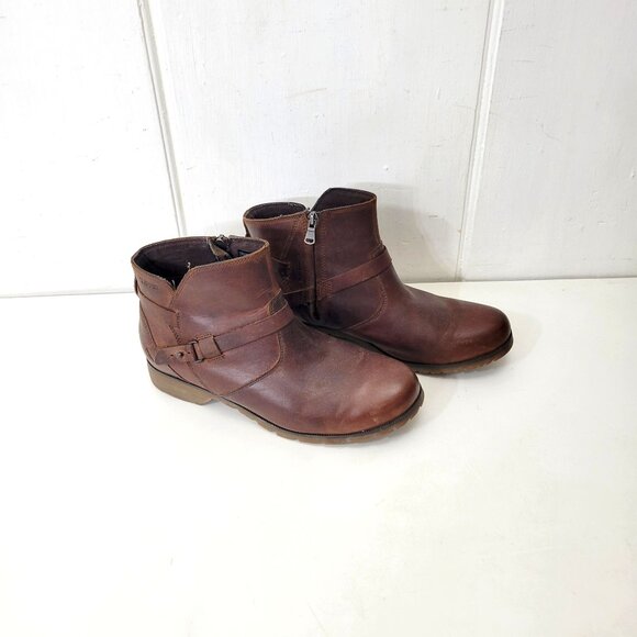 Teva Brown Leather Ankle Boots With Side Zippers & Buckle Detail Women's Size 10 - Picture 2 of 8
